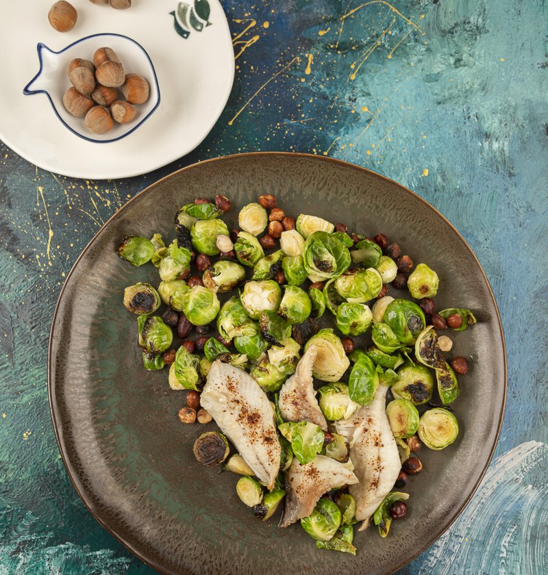 Turbot with Brussels sprouts and hazelnuts