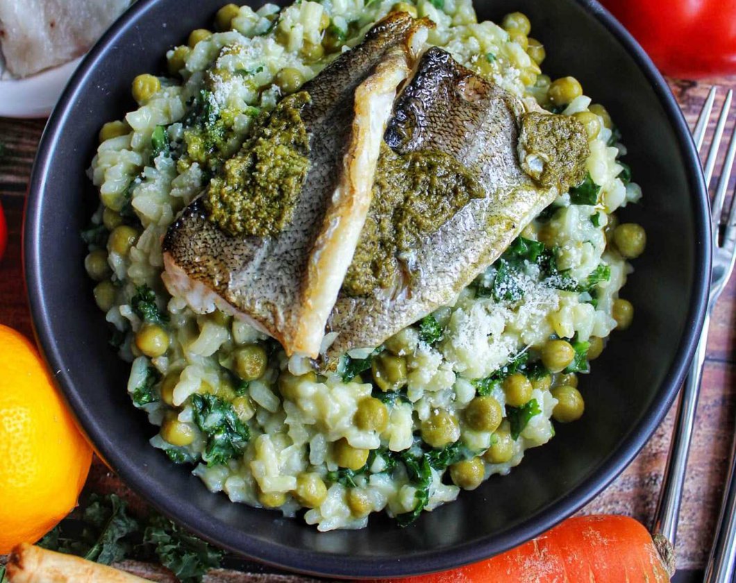 Cod on peas and kale risotto